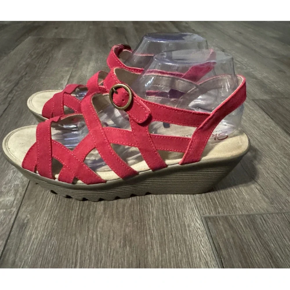 Skechers Red Suede Leather Criss‎ Cross Ankle Strap Wedge Sandals US Size 10